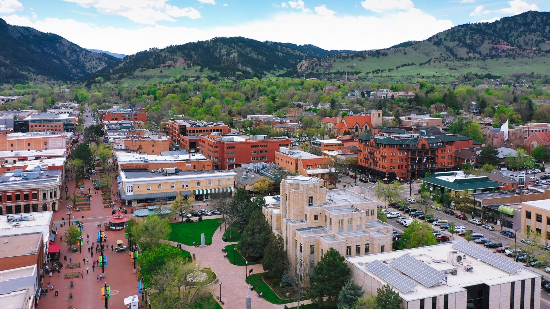 Aerial view of Pearl Street Mall in Boulder Colorado USA