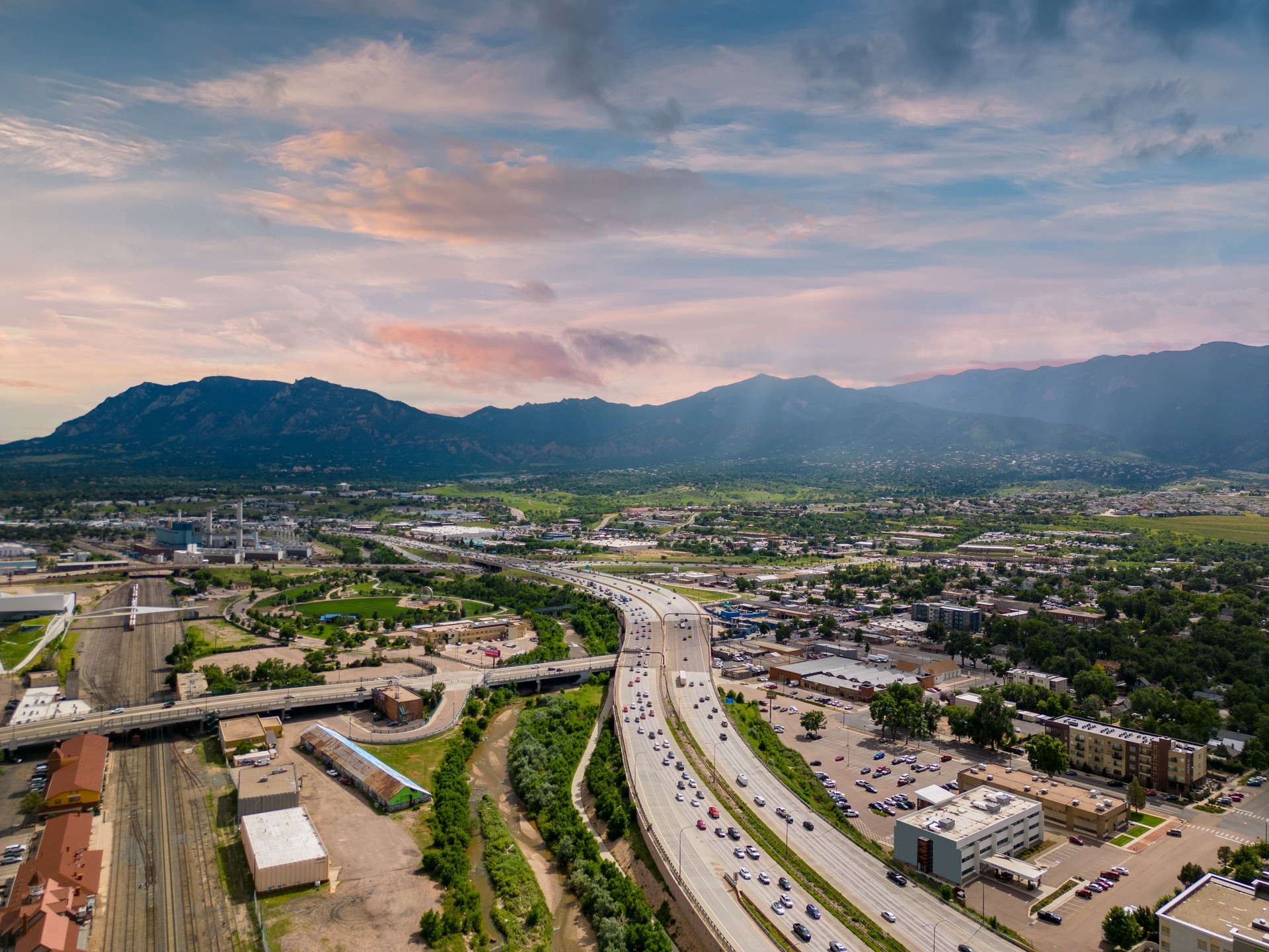 Aerial photo Colorado Springs with beautiful Pikes Peak mountain landscape in background